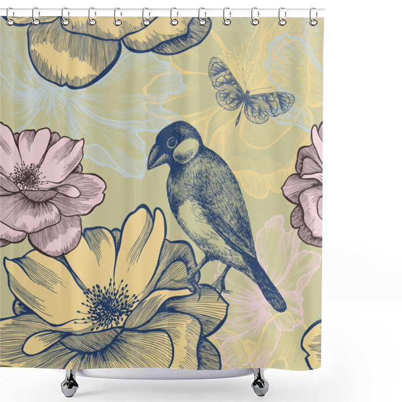 Personality  Seamless Background With Birds, Roses And Butterfly. Vector Illu Shower Curtains