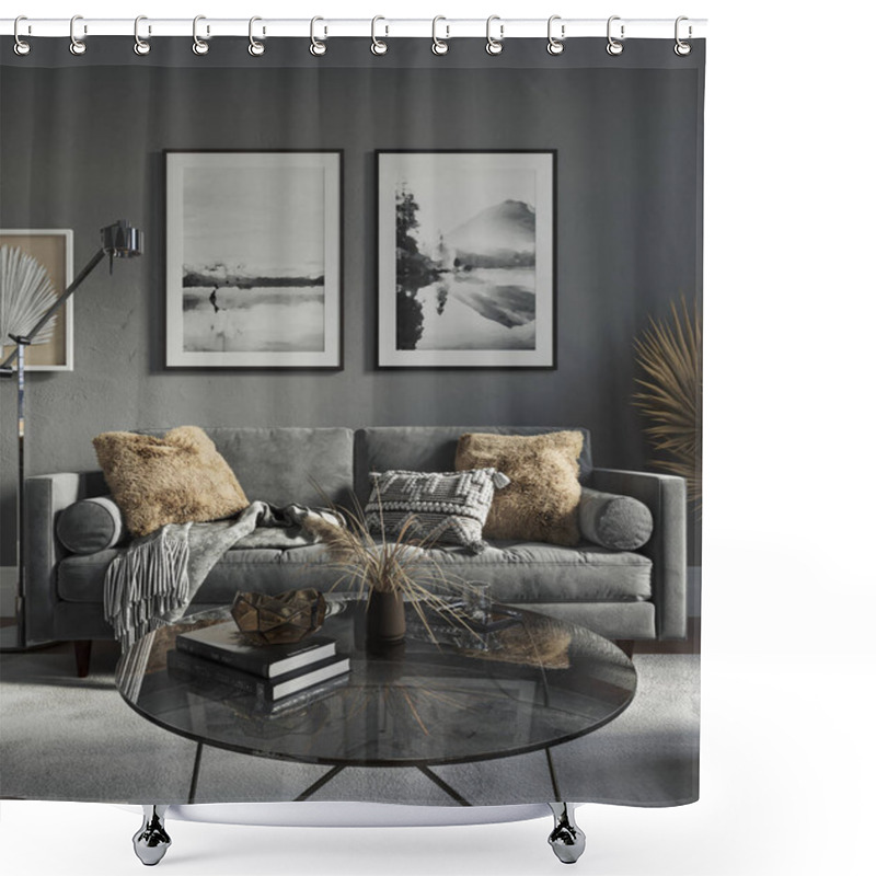 Personality  Dark Living Room Interior, Gray Wall, Hardwood Flooring, Cozy Furniture, Sofa, Armchair. Mockup Concept, 3d Rendering Shower Curtains