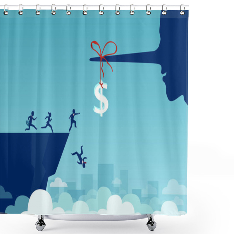 Personality  Vector Of Group Of Business People Running Towards A Dollar Sign Tied To A Liar Long Nose And Falling Off A Cliff  Shower Curtains