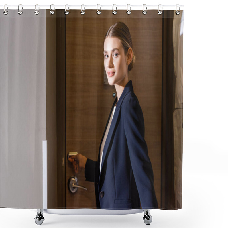 Personality  Businesswoman In Suit Holding Room Card While Unlocking Door In Hotel  Shower Curtains