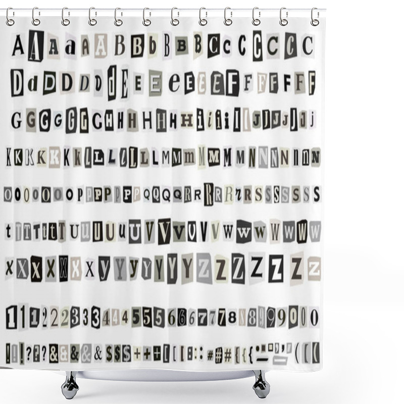 Personality  Ransom Gray Note English Font Alphabet Cut Out Vector Letters. Blackmail Ransom Kidnapper Anonymous Note Font. Collage Style Numbers And Punctuation Symbols. Criminal Ransom Letters. Shower Curtains