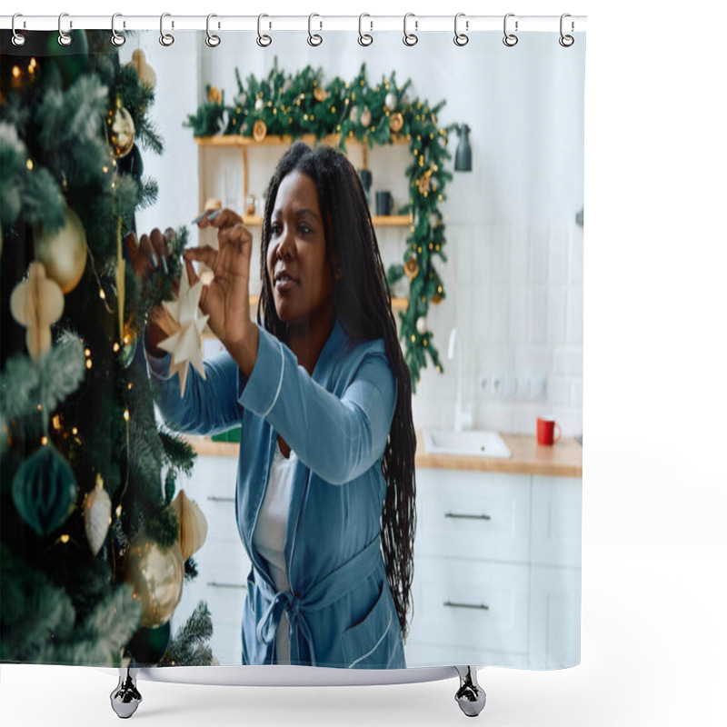 Personality  Beautiful Woman Hangs A Star On A Beautifully Decorated Christmas Tree. Shower Curtains