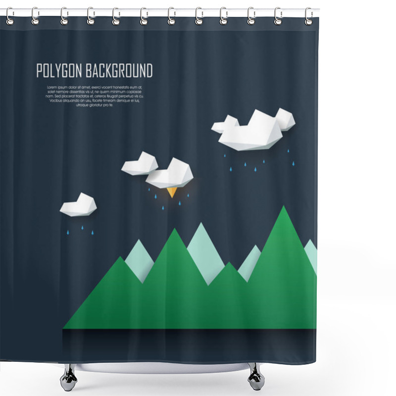 Personality  Low Poly Landscape Scene With Storm Clouds, Rain And Lightning. Polygonal Thunderstorm Background In Modern Minimalistic Style. Shower Curtains