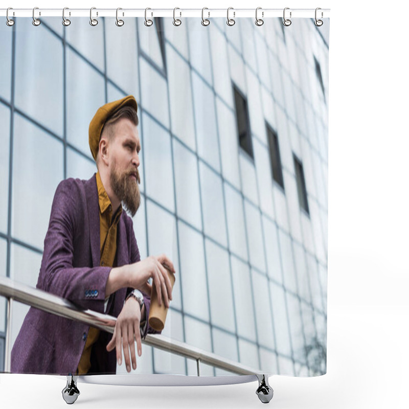 Personality  Stylish Bearded Businessman Holding Coffee Cup By Modern Building Shower Curtains