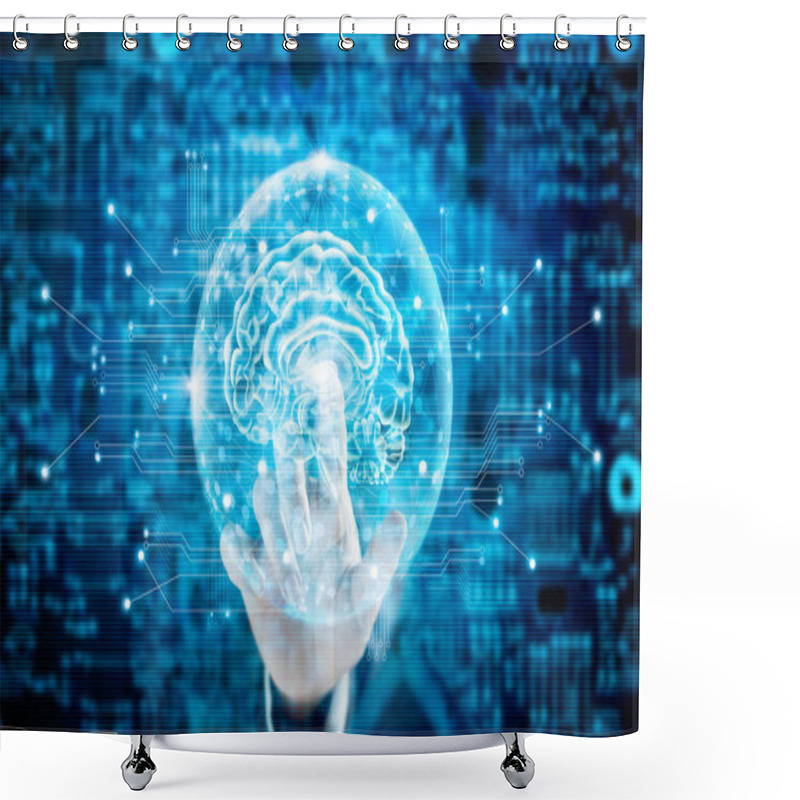 Personality  Man Touching Virtual Brain Innovative Technology In Science And Medical Shower Curtains