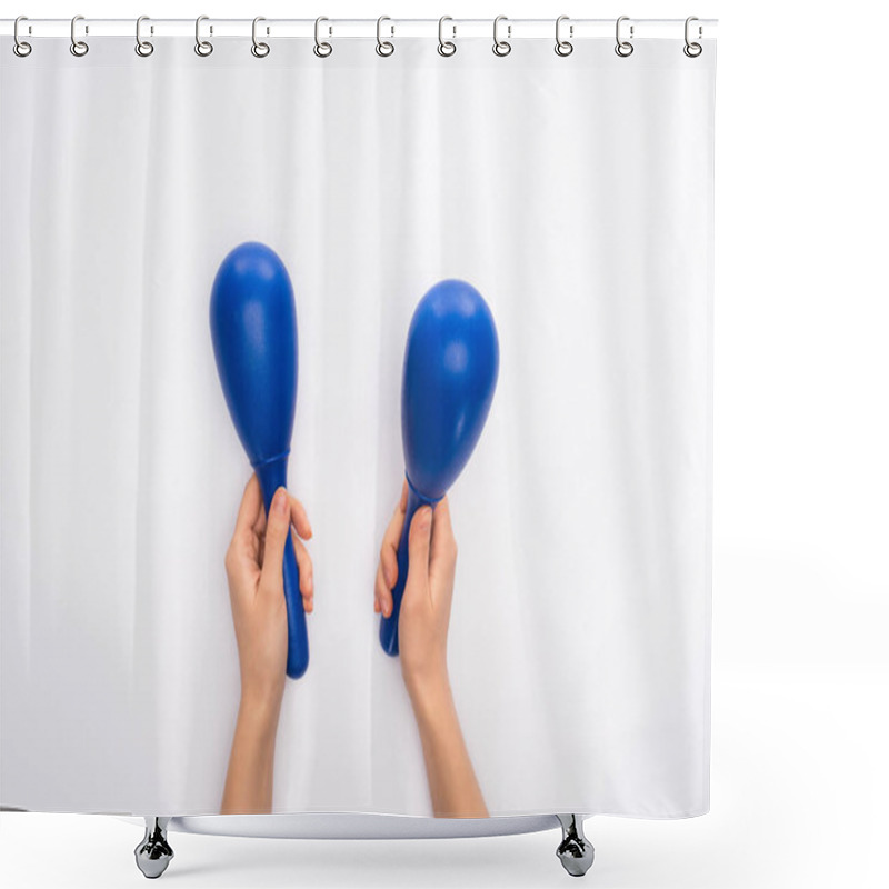 Personality  Cropped View Of Woman Holding Blue Maracas On White Background Shower Curtains