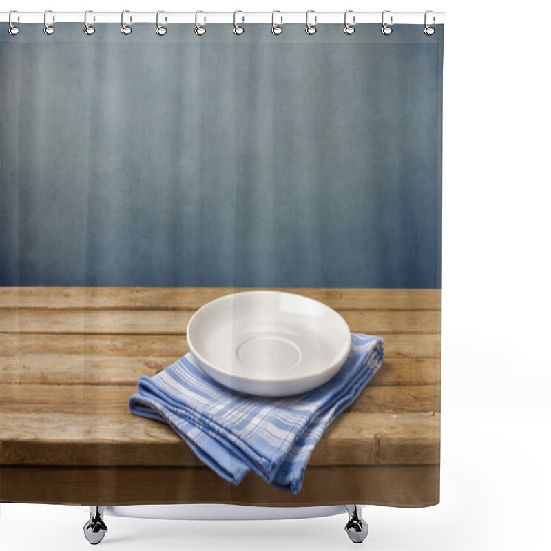 Personality  Empty Plate On Tablecloth On Wooden Table Shower Curtains