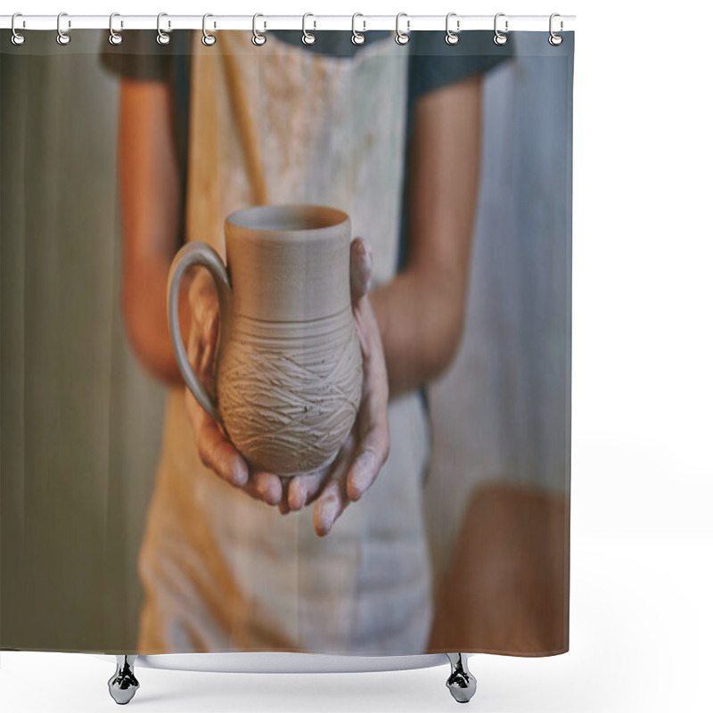 Personality  Selective Focus Of Man Holding Clay Pot In Pottery Studio  Shower Curtains