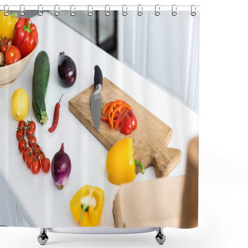 Personality  High Angle View Of Fresh Vegetables And Wooden Cutting Board With Knife On Table Shower Curtains