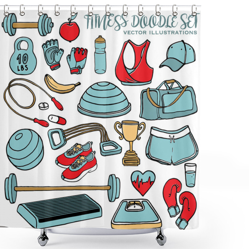 Personality  Hand Drawn Fitness Doodle Set. Vector Illustrations Shower Curtains