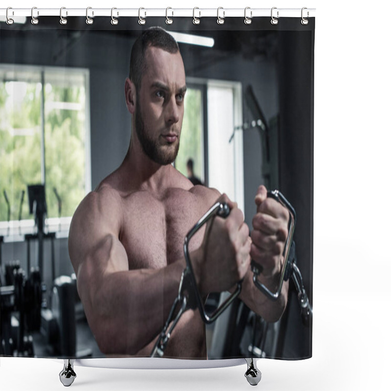 Personality  Shirtless Bodybuilder Training At Gym Shower Curtains