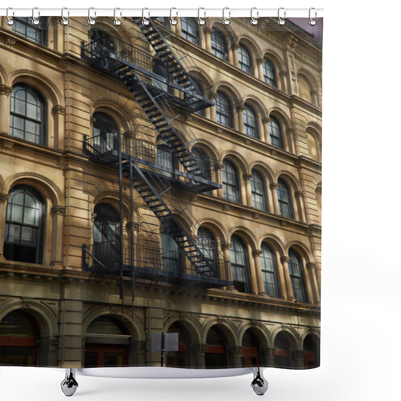 Personality  Vintage Building With Fire Escape Stairs And Arch Windows In New York City, Autumnal Scene Shower Curtains