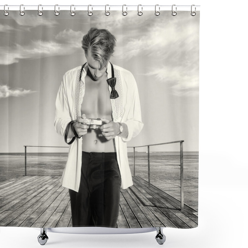 Personality  Handsome Blonde Male Photographer Outdoors Shower Curtains