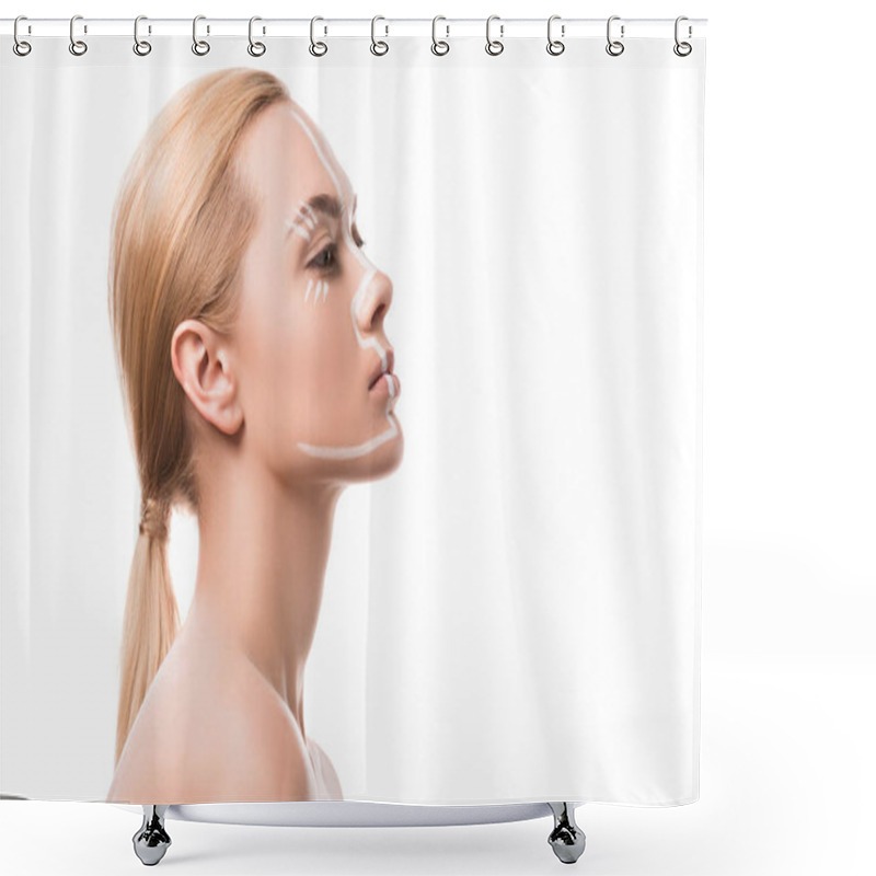 Personality  Side View Of Beautiful Woman With White Lines On Face Isolated On White Shower Curtains