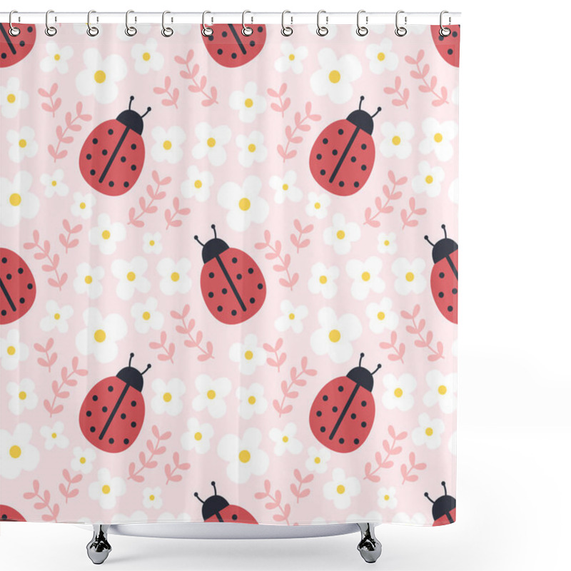 Personality  Ladybugs And Flowers Seamless Background Repeating Pattern, Wallpaper Background, Cute Seamless Pattern Background Shower Curtains