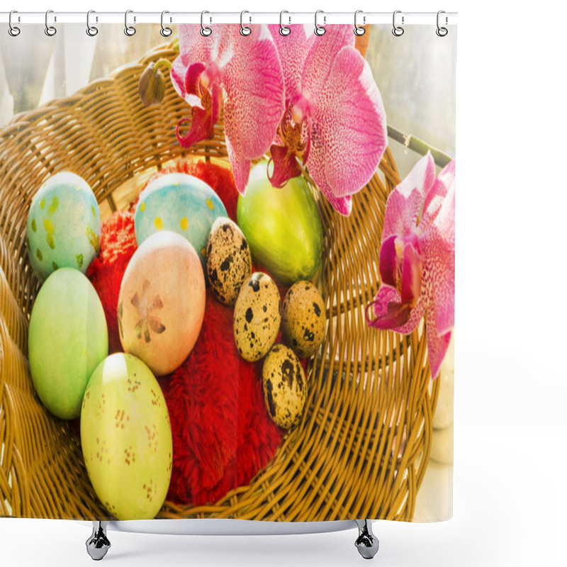 Personality  Easter And Quail Eggs In A Wicker Basket With Orchid, Soft Light Shower Curtains