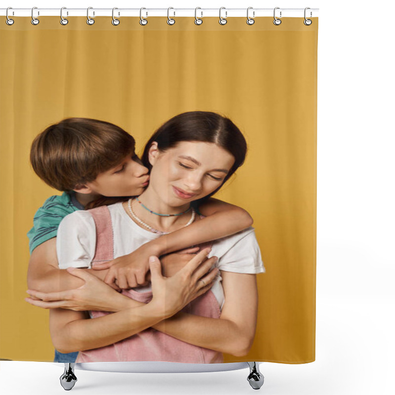 Personality  A Young Mother Embraces Her Son, Who Kisses Her Cheek In A Joyful Display Of Affection. Shower Curtains