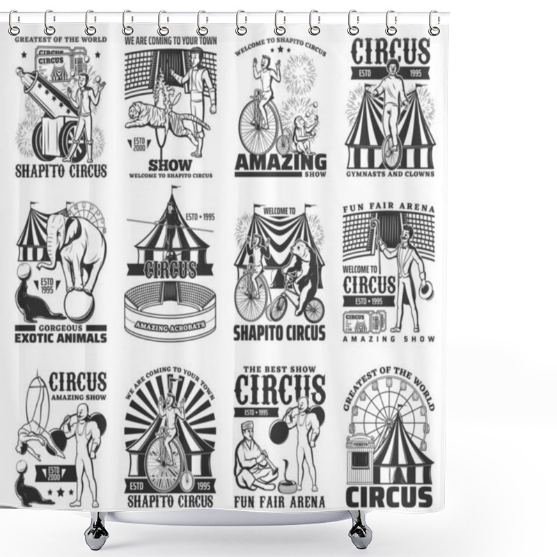 Personality  Big Top Tent Circus Performances Engraved Vector Icon Set. Tiger Tamer And Snake Charmer, Magician, Clown, Strongman And Unicyclist, Aerial Hoop Acrobat And Tightrope Walker. Chapiteau Circus Show Shower Curtains