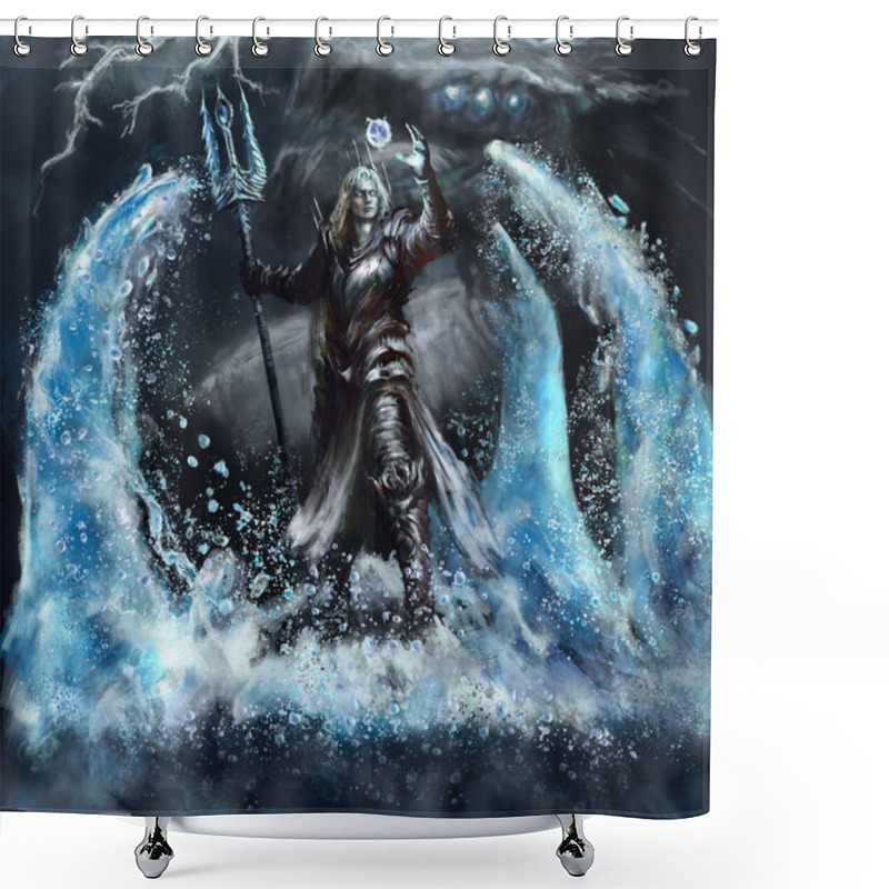 Personality  The Archmage Of Water In Armor And With A Staff In The Form Of A Trident Uses Magic, A Huge Sea Serpent Is Visible Behind Him. Digital Drawing Style, 2D Illustration. Shower Curtains