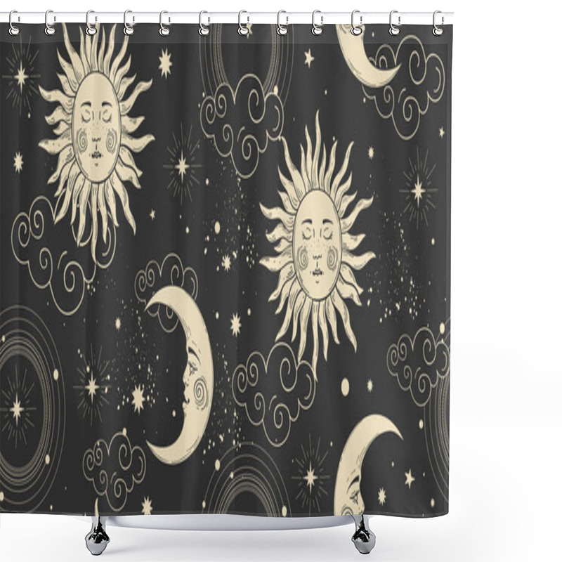 Personality  Celestial Seamless Pattern With Sun And Moon Face, Clouds And Stars On The Black Night Sky. Pattern For Tarot, Astrology, Vector Boho Background For The Zodiac. Wallpaper, Wrapping Paper For Shower Curtains