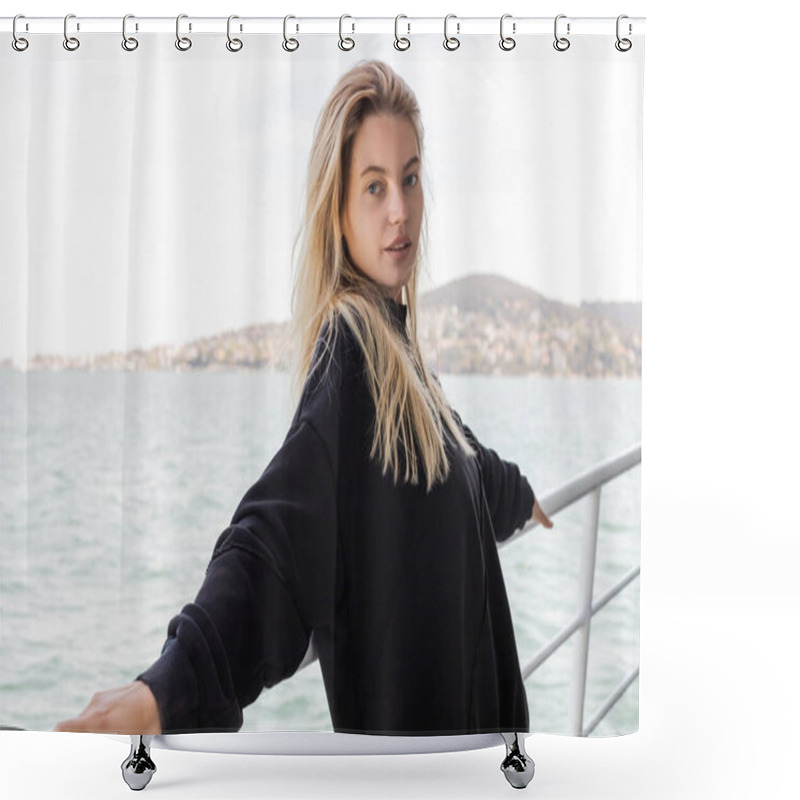 Personality  Young Woman In Black Sweater Looking At Camera From Ferry Boat Crossing Bosporus In Istanbul  Shower Curtains