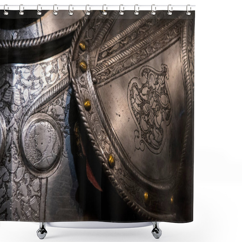 Personality  Dress Of A Knight, Section Of Shoulder And Chest Made Of Iron.culture Of Old Europe. Shower Curtains