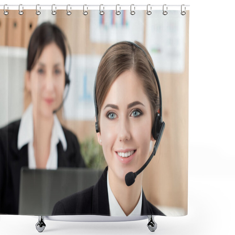 Personality  Portrait Of Call Center Worker Accompanied By Her Team Shower Curtains