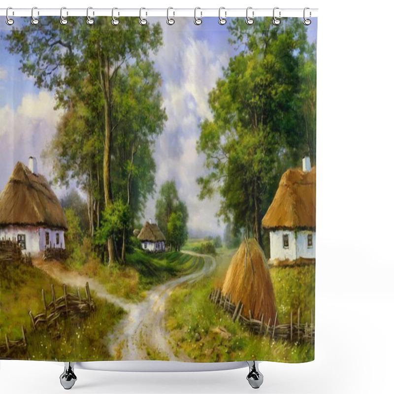 Personality  Oil Paintings Rural Landscape, Old Houses In The Forest. Fine Art, Artwork Shower Curtains