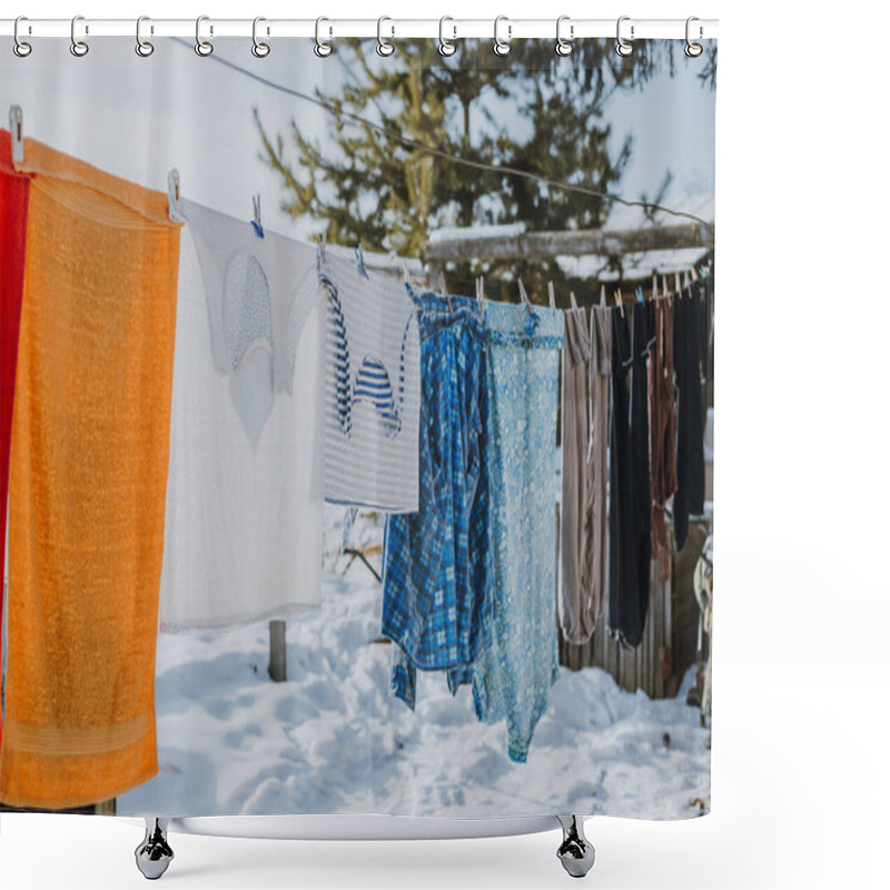 Personality  Frozen Underwear On The Street In Winter. Snow On The Washed Linen Shower Curtains