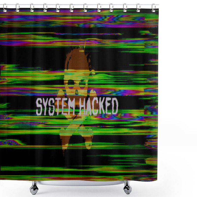 Personality  System Hacked With Distorted And Glitch Effect 3d Illustration. Computer Hacking, Cyber Attack And Security Breach Abstract Concept. Noised Retro Tv Style Background. Shower Curtains