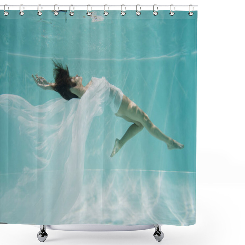 Personality  Graceful Woman In White Dress Swimming In Pool  Shower Curtains