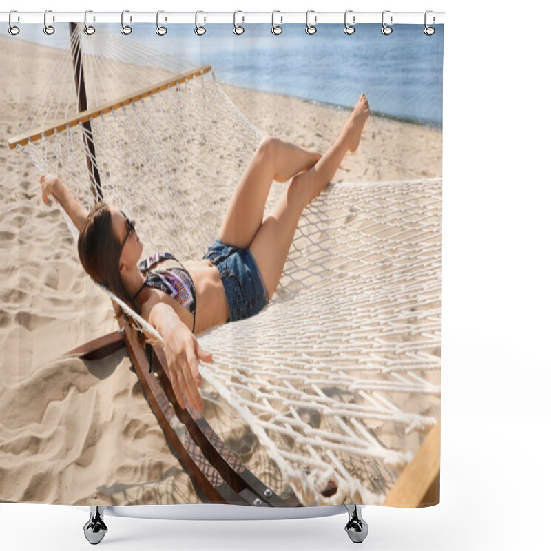 Personality  Young Woman Relaxing In Hammock On Beach Shower Curtains