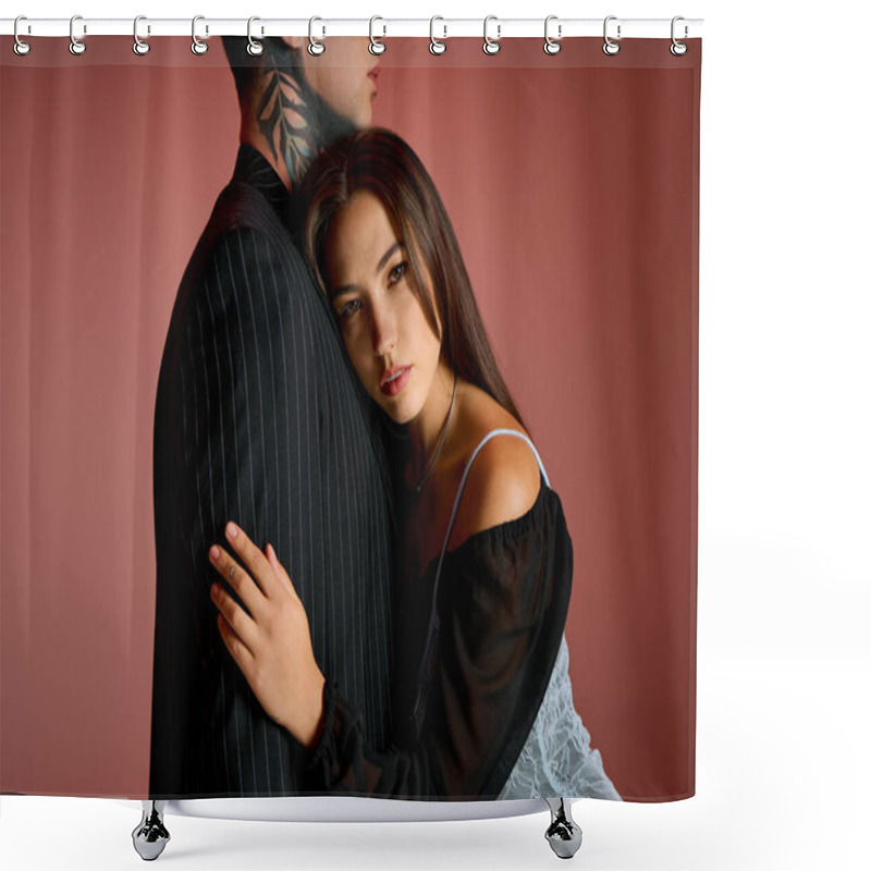 Personality  A Young Woman Leans Affectionately On Her Partner While He Stands Confidently Beside Her. Shower Curtains