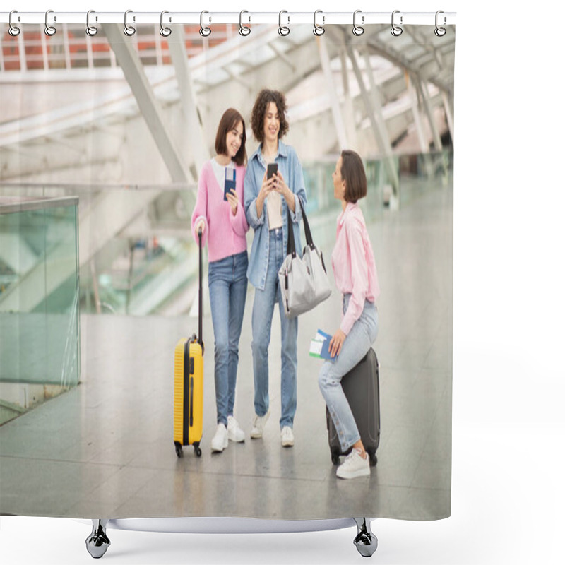 Personality  Three Friends Gather In An Airport Terminal, Preparing For Their Journey. They Are Checking Their Devices, Holding Passports, And Discussing Travel Details While Surrounded By A Modern, Airy Space. Shower Curtains