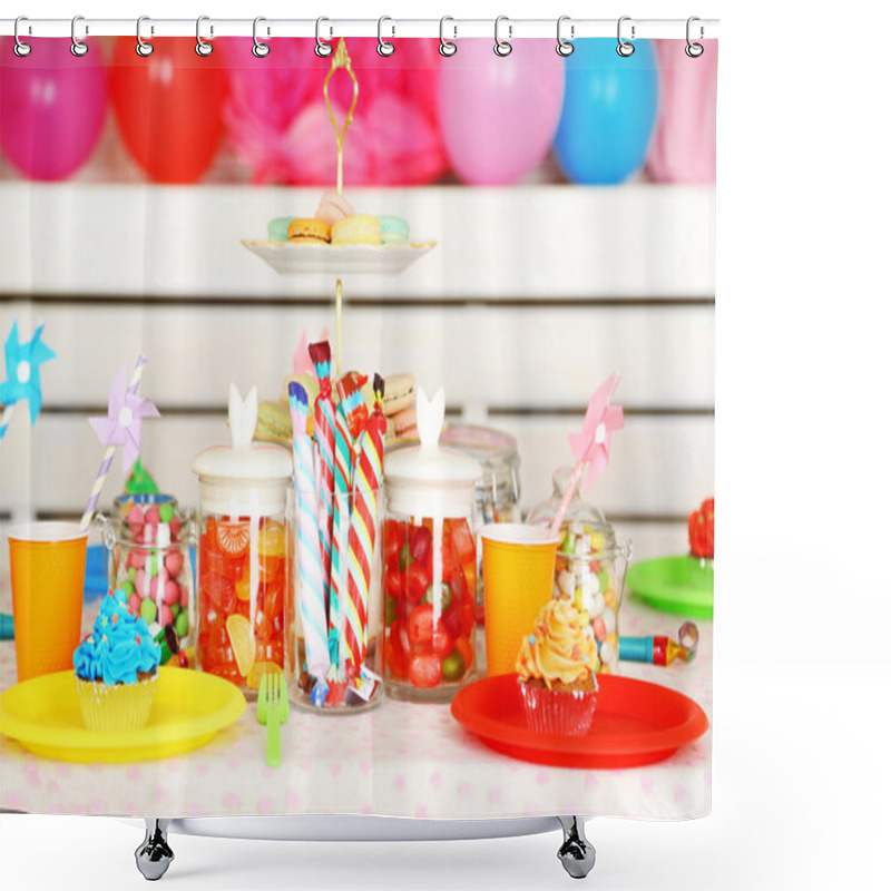 Personality  Prepared Birthday Table With Sweets For Children Party Shower Curtains