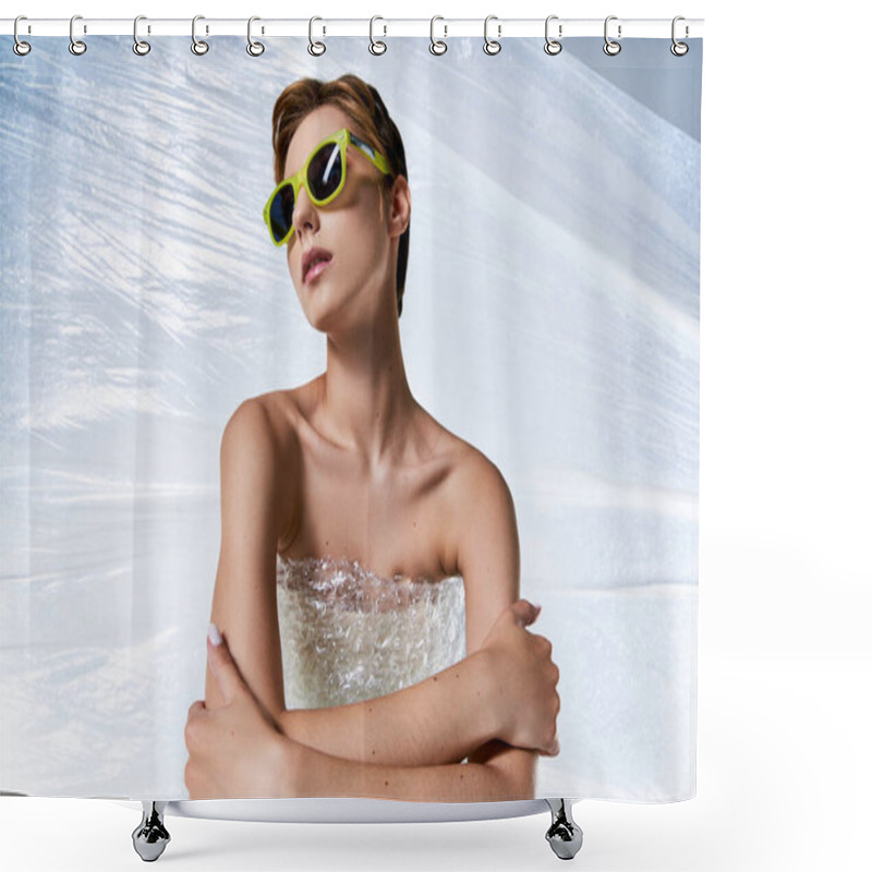 Personality  A Woman With Short Hair Wearing Sunglasses Sits Wrapped In A Bubble Wrap Dress. Shower Curtains