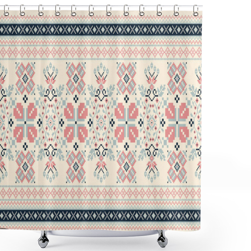 Personality  Beautiful Floral Cross Stitch Embroidery.geometric Ethnic Oriental Pattern Traditional.Aztec Style Abstract Vector Illustration.design For Texture,fabric,clothing,wrapping,decoration,carpet.boho Style Shower Curtains