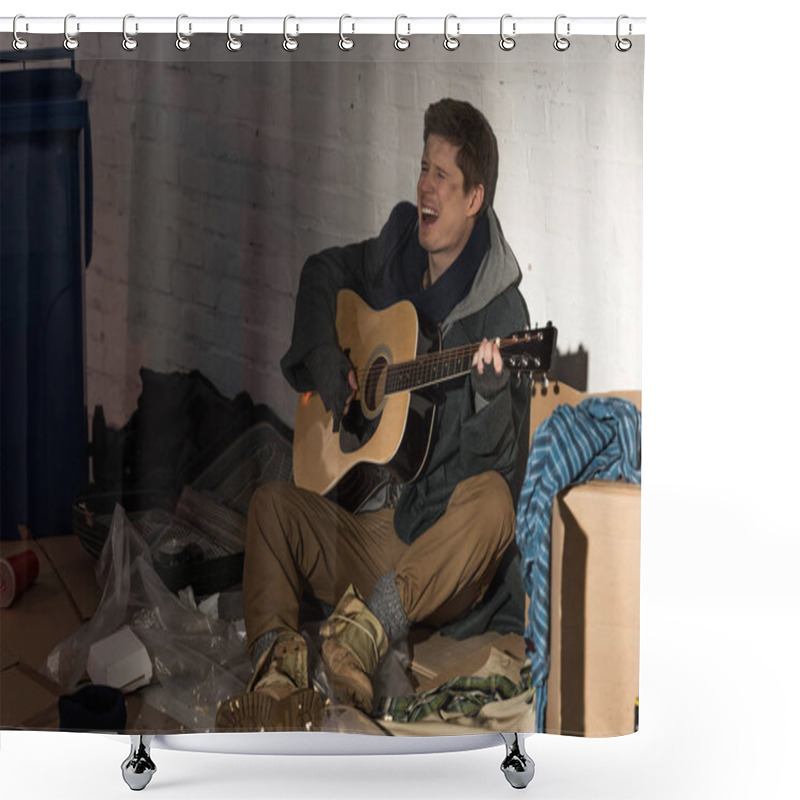 Personality  Homeless Man Playing Guitar And Singing While Sitting On Rubbish Dump Shower Curtains