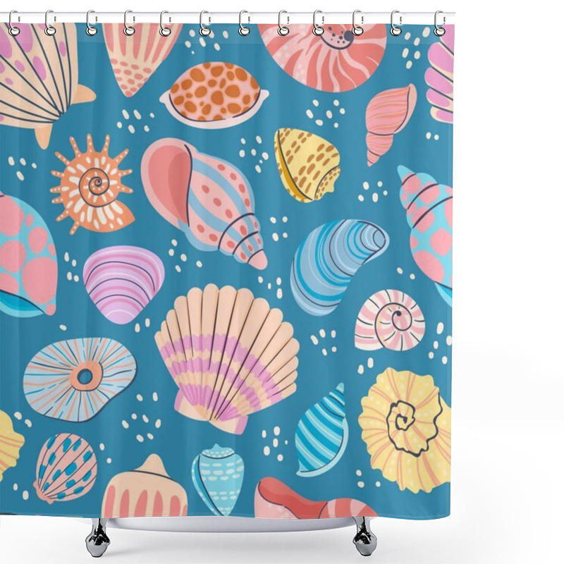 Personality  Seashell Seamless Pattern. Summer Ocean Print With Clam Shells, Oysters, Scallops And Shellfish. Marine Mollusk Seashells Vector Wallpaper Shower Curtains