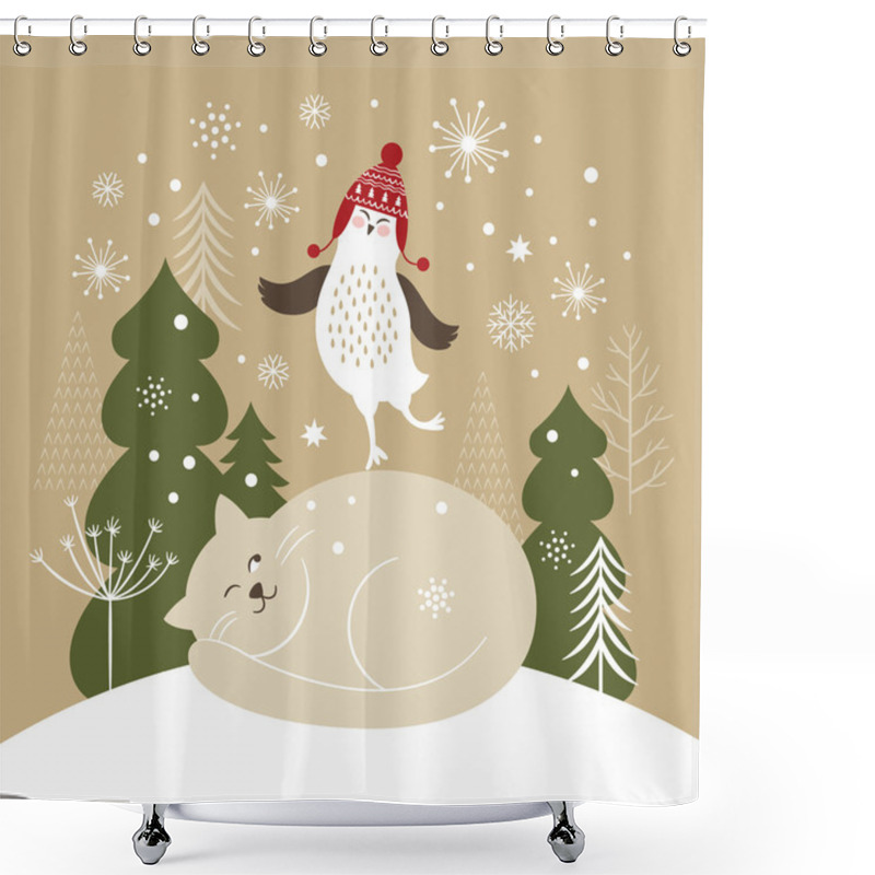 Personality  Cat And Owl-  Christmas Card Shower Curtains