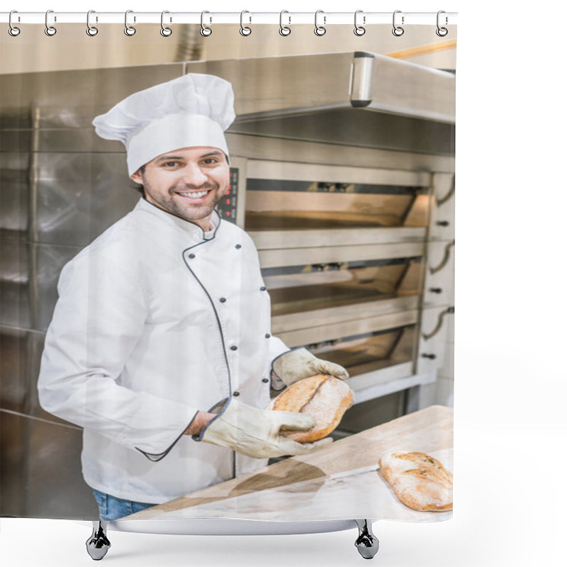 Personality  Smiling Baker In Chefs Uniform Holding Fresh Bread Near Oven Shower Curtains