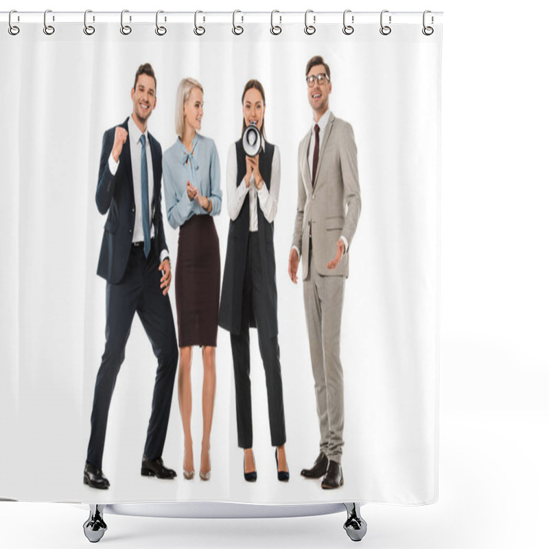 Personality  Successful Businesspeople Speaking With Bullhorn Isolated On White  Shower Curtains