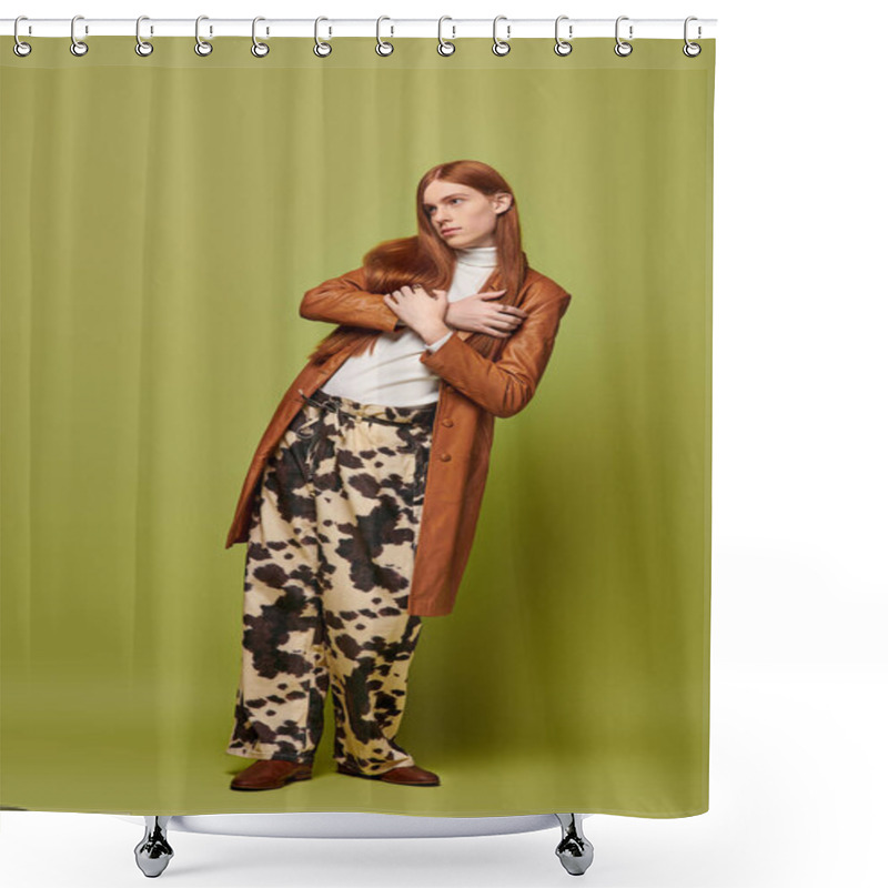 Personality  Young Man With Striking Long Red Hair Showcases Emotional Expression In Unique Attire. Shower Curtains