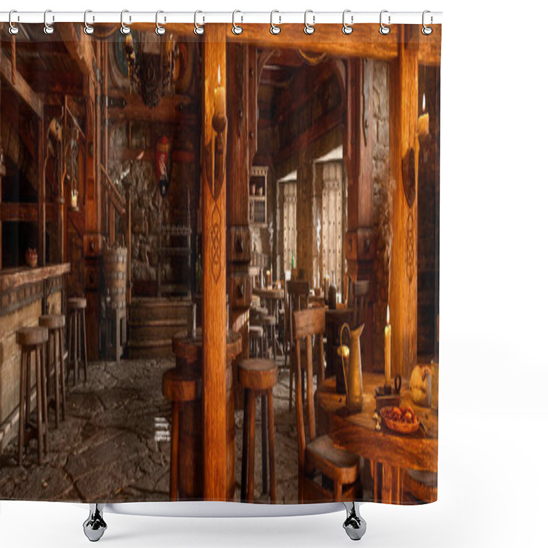 Personality  Panoramic View Of Medieval Fantasy Tavern Interior. 3D Illustration. Shower Curtains