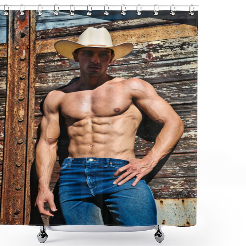 Personality  A Muscular Shirtless Man In A Cowboy Hat Posing In Front Of A Rugged Wooden Wall Shower Curtains