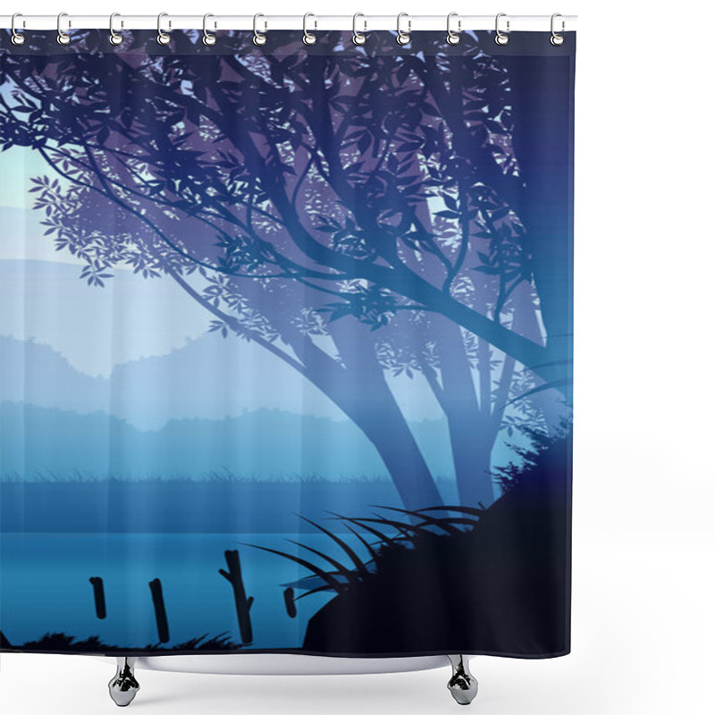 Personality  Natural Forest Mountains Horizon Hills Silhouettes Of Trees Evening Sunrise And Sunset Landscape Wallpaper Illustration Vector Style Colorful View Background Shower Curtains