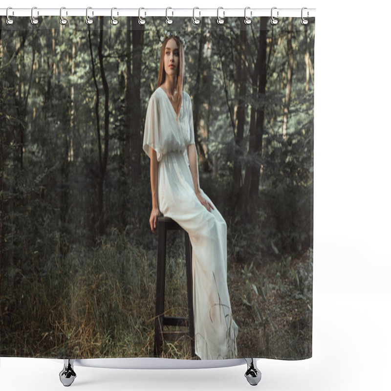 Personality  Beautiful Girl In White Dress Sitting On Stool In Forest  Shower Curtains