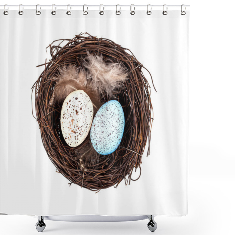 Personality  Easter Eggs In Birds Nest Isolated On White Background Shower Curtains