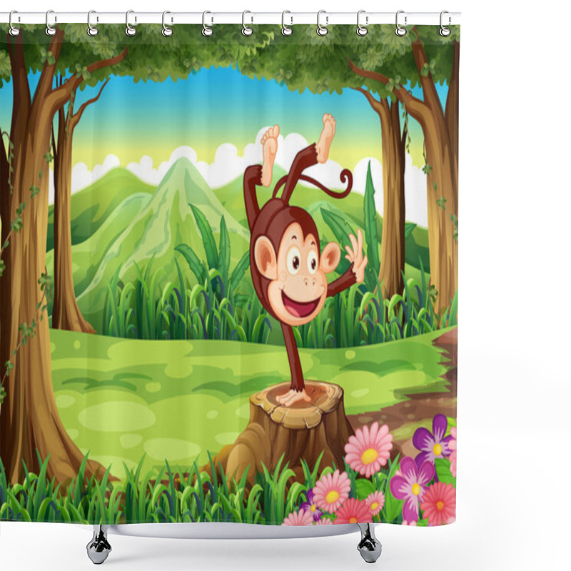 Personality  A Playful Monkey Above The Stump Near The Trees Shower Curtains