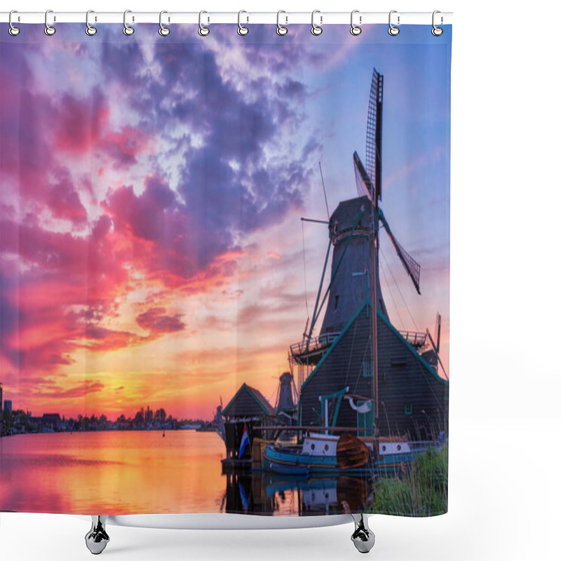 Personality  Windmills At Zaanse Schans In Holland On Sunset. Zaandam, Nether Shower Curtains